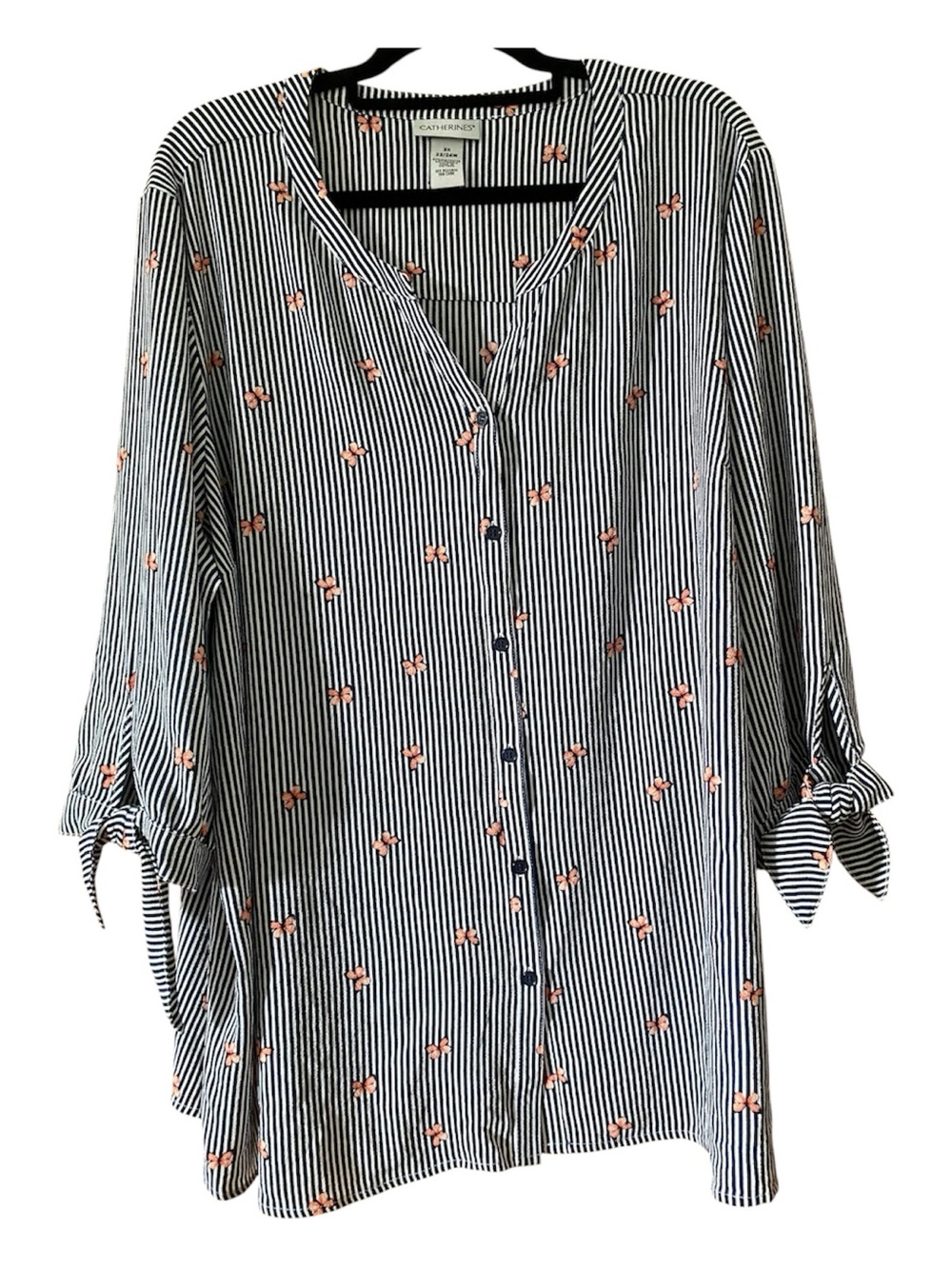 Catherines 2X Butterfly Stripe Tie Sleeve Button Front Blouse Navy White Plus